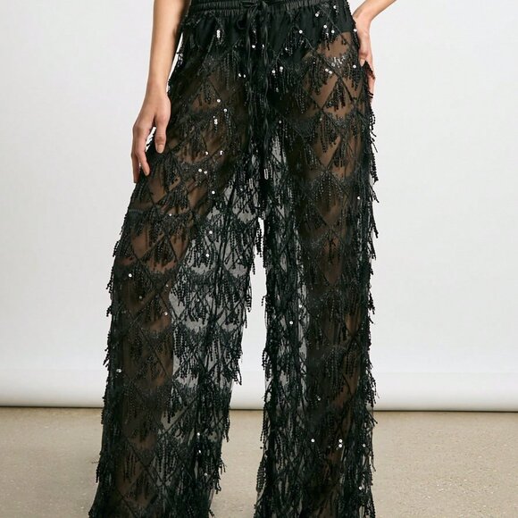 Black Sexy Women's Wide Leg Pants with Sequin - Picture 3 of 4